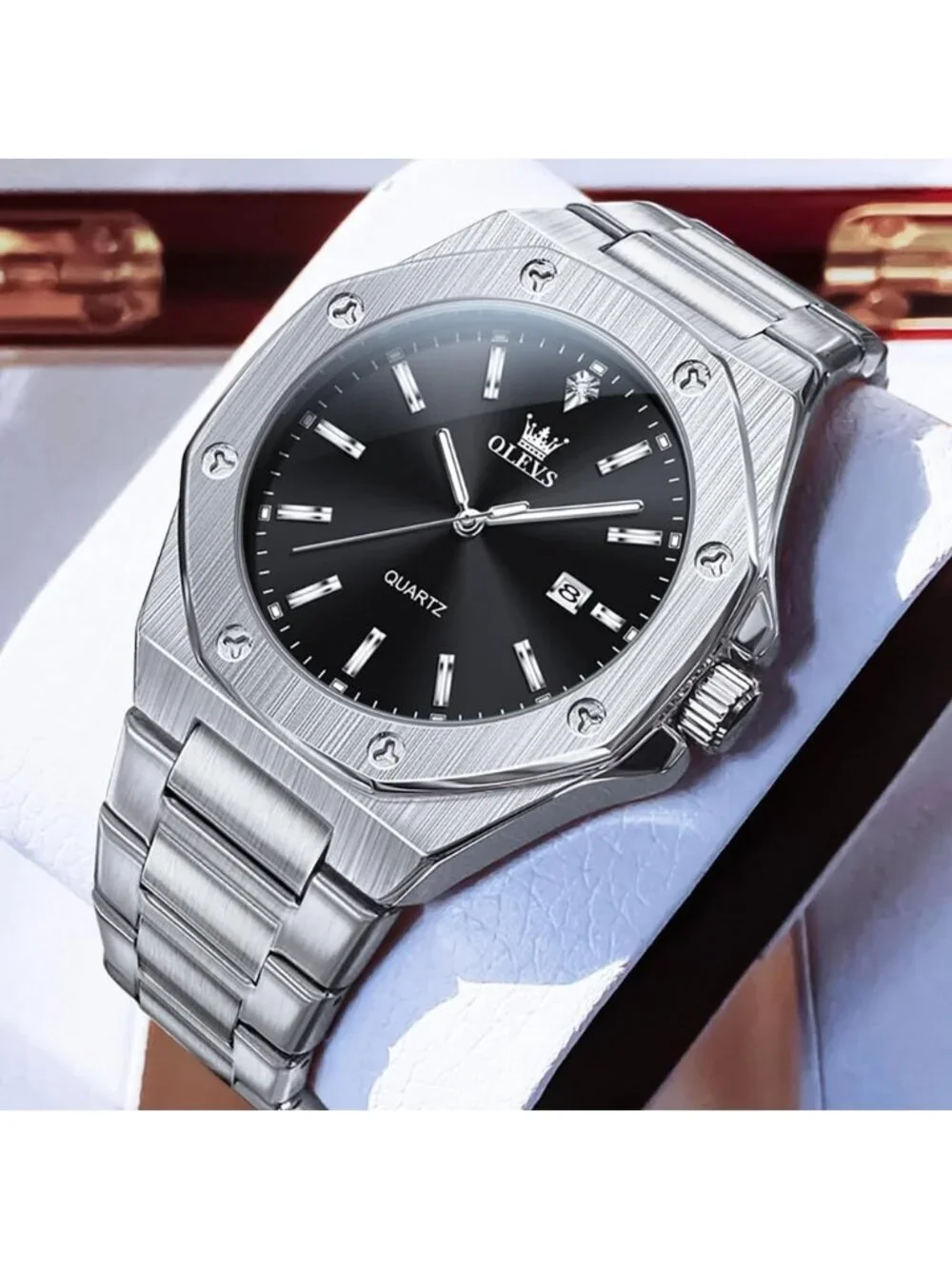 Men's Silver Black Luxury Stainless Steel Octagon Analog Quartz Waterproof Watch